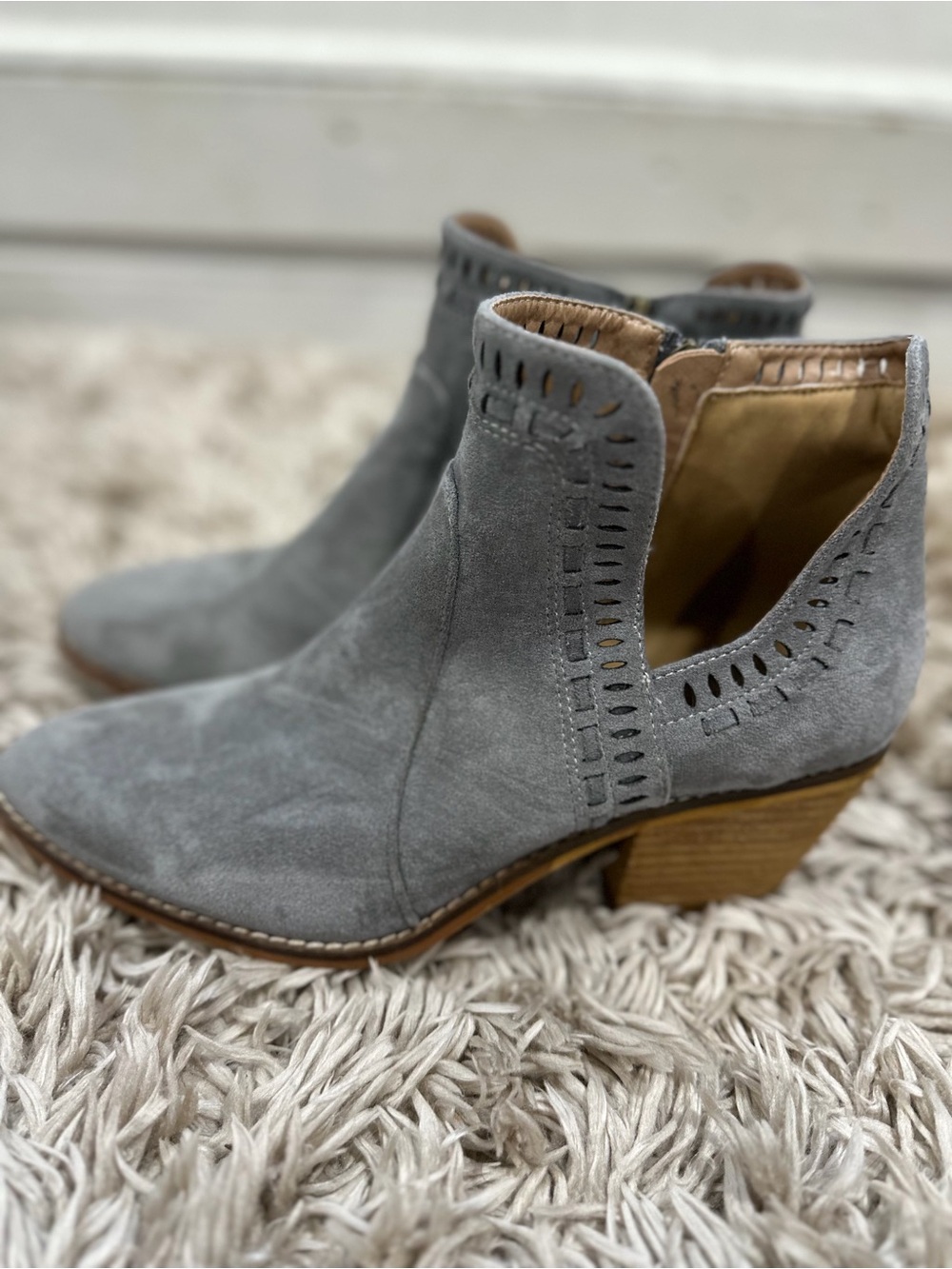 Gray Suede Cutout Ankle Boots with Stacked Heel